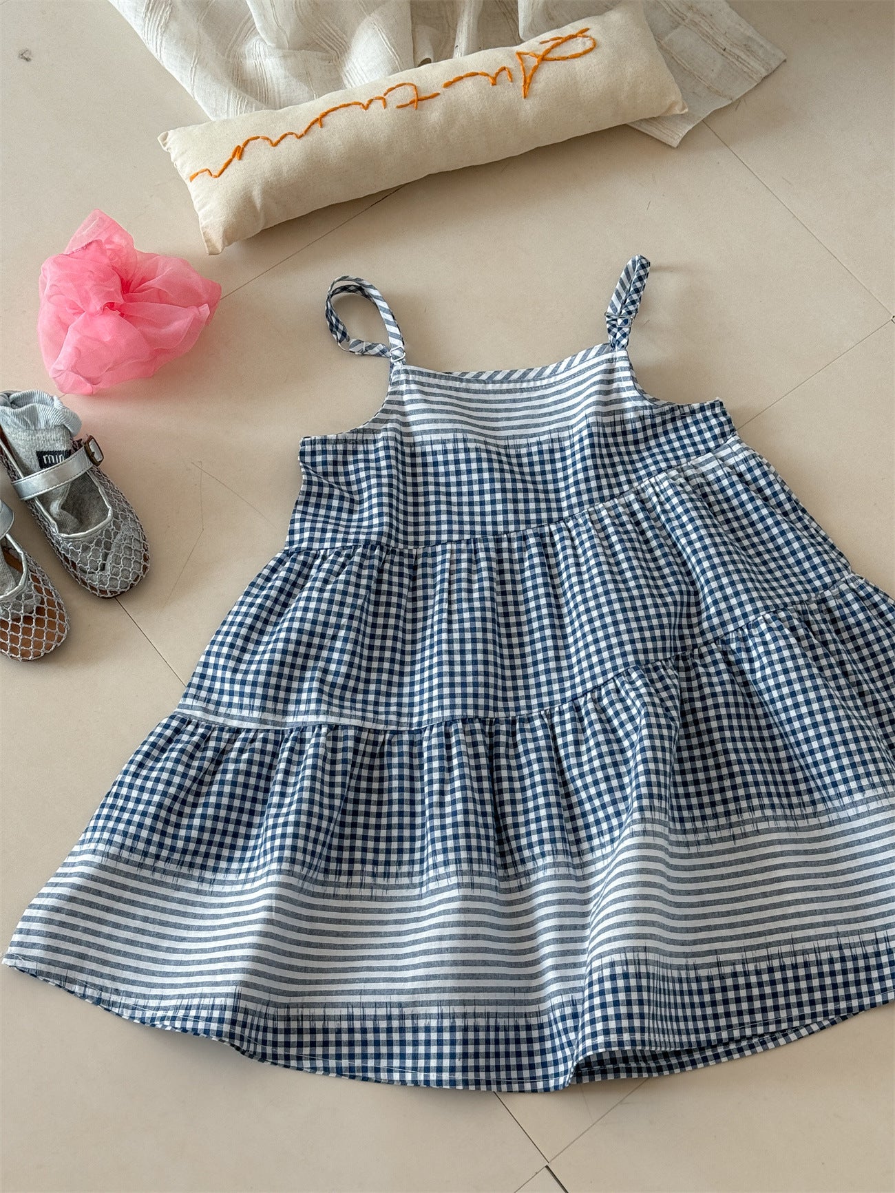 Blue Check Cotton Sleeveless Dress ブルーチェック ノースリーブワンピース【mh0012285】 Laibaobao