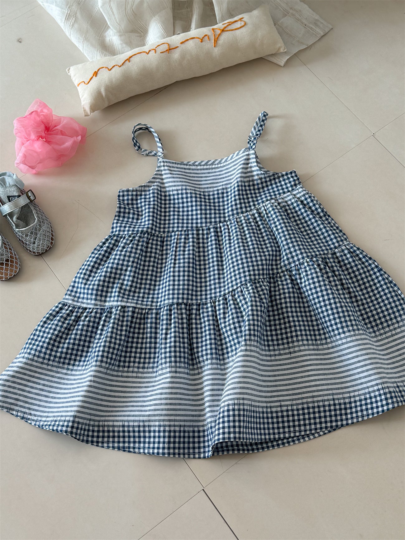 Blue Check Cotton Sleeveless Dress ブルーチェック ノースリーブワンピース【mh0012285】 Laibaobao