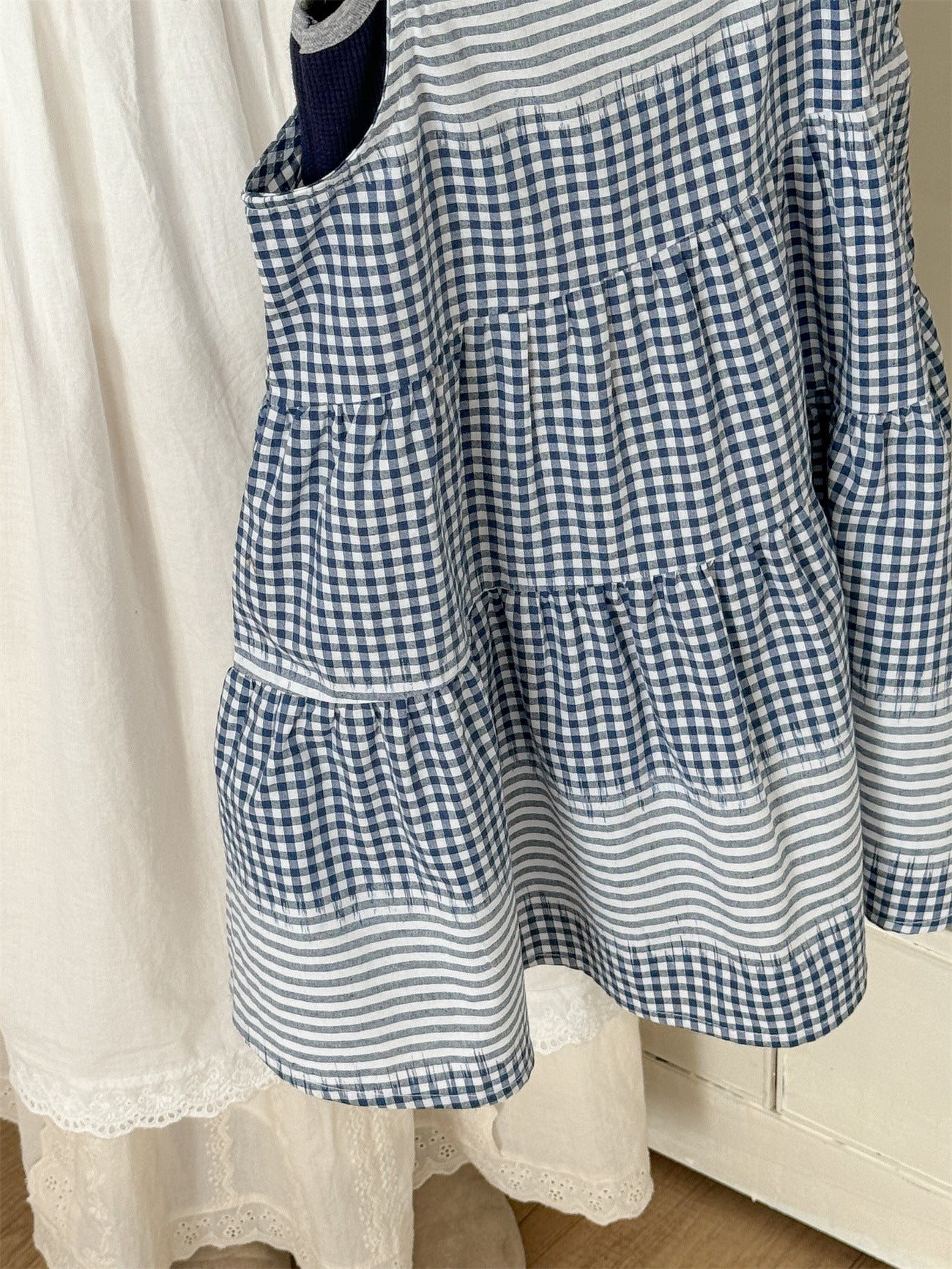 Blue Check Cotton Sleeveless Dress ブルーチェック ノースリーブワンピース【mh0012285】 Laibaobao