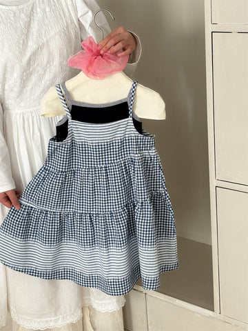 Blue Check Cotton Sleeveless Dress ブルーチェック ノースリーブワンピース【mh0012285】 Laibaobao