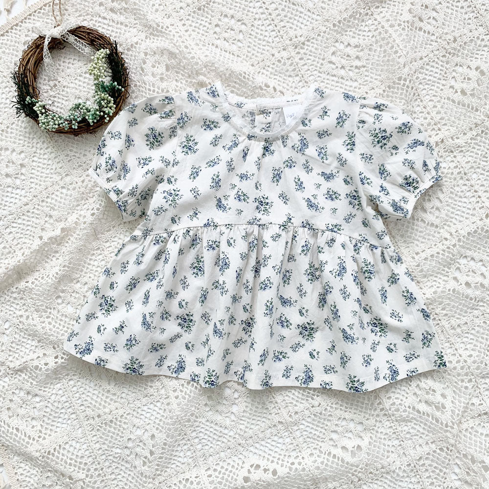Blue Floral Lantern Sleeve Blouse フラワー 半袖チュニックブラウス【mh0012263】 Beige White / 90cm Virgil kids