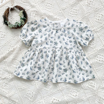 Blue Floral Lantern Sleeve Blouse フラワー 半袖チュニックブラウス【mh0012263】 Beige White / 90cm Virgil kids