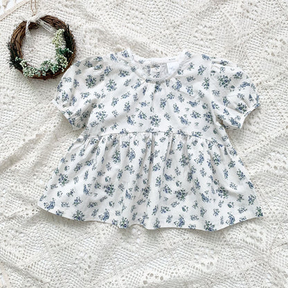 Blue Floral Lantern Sleeve Blouse フラワー 半袖チュニックブラウス【mh0012263】 Beige White / 90cm Virgil kids