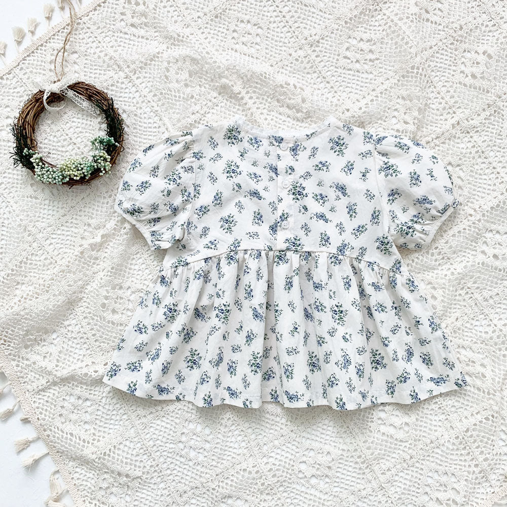 Blue Floral Lantern Sleeve Blouse フラワー 半袖チュニックブラウス【mh0012263】 Virgil kids