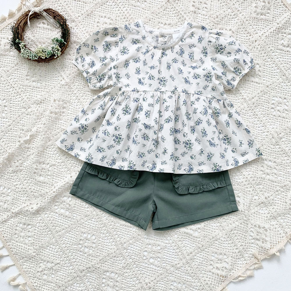 Blue Floral Lantern Sleeve Blouse フラワー 半袖チュニックブラウス【mh0012263】 Virgil kids
