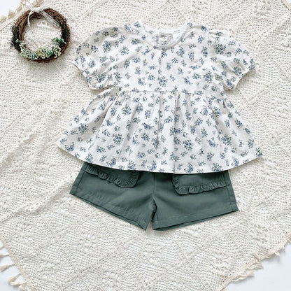 Blue Floral Lantern Sleeve Blouse フラワー 半袖チュニックブラウス【mh0012263】 Virgil kids