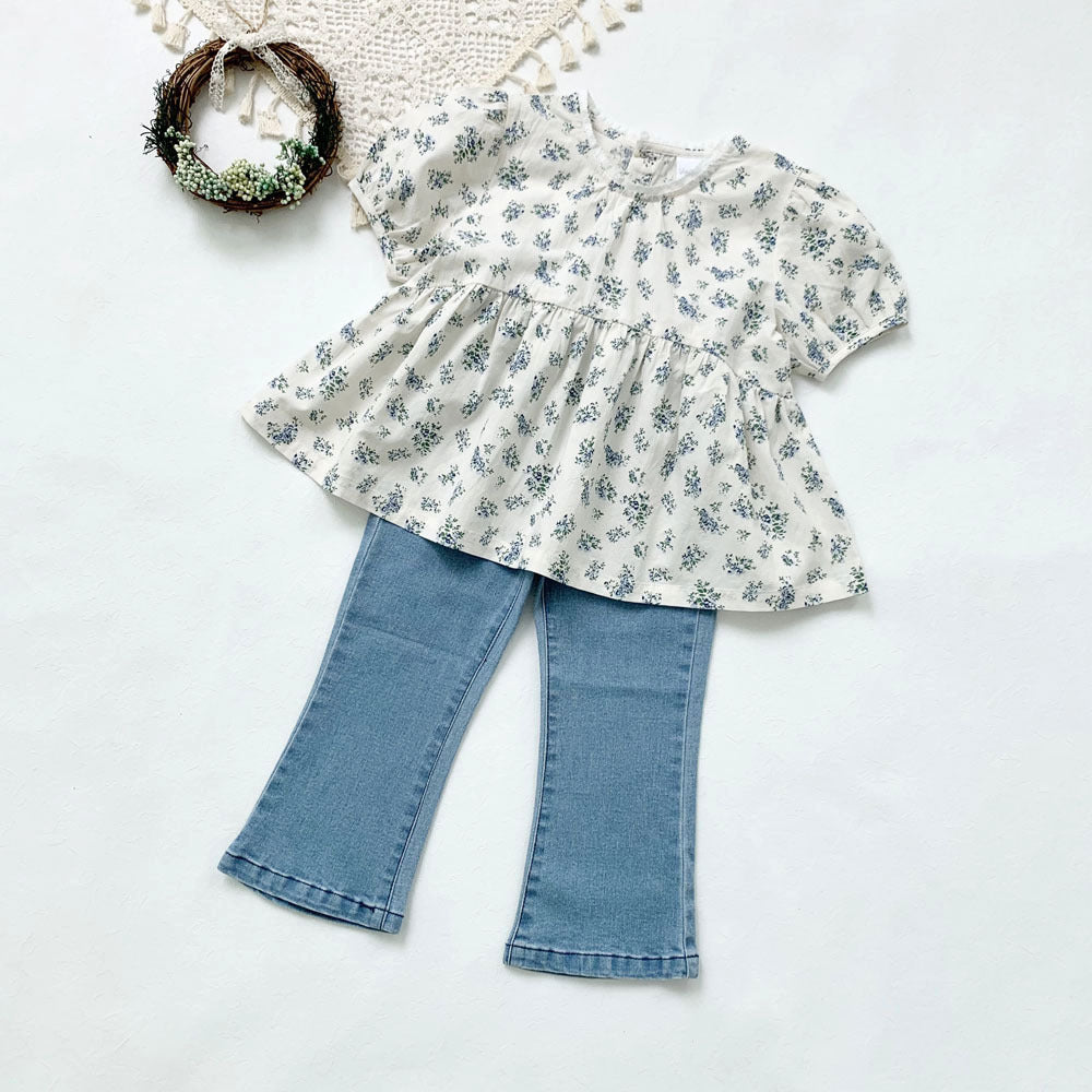 Blue Floral Lantern Sleeve Blouse フラワー 半袖チュニックブラウス【mh0012263】 Virgil kids