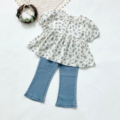Blue Floral Lantern Sleeve Blouse フラワー 半袖チュニックブラウス【mh0012263】 Virgil kids