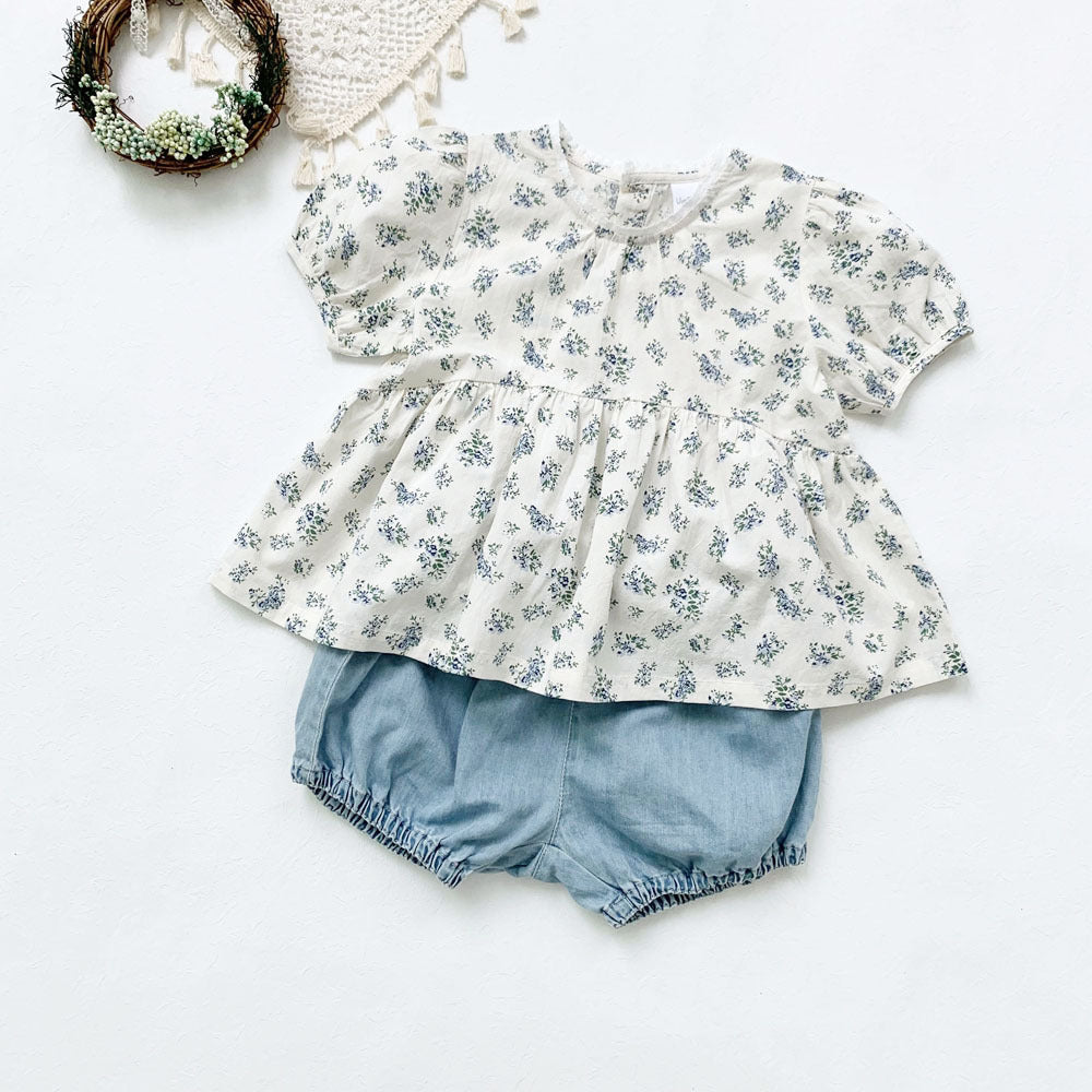 Blue Floral Lantern Sleeve Blouse フラワー 半袖チュニックブラウス【mh0012263】 Virgil kids