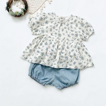 Blue Floral Lantern Sleeve Blouse フラワー 半袖チュニックブラウス【mh0012263】 Virgil kids