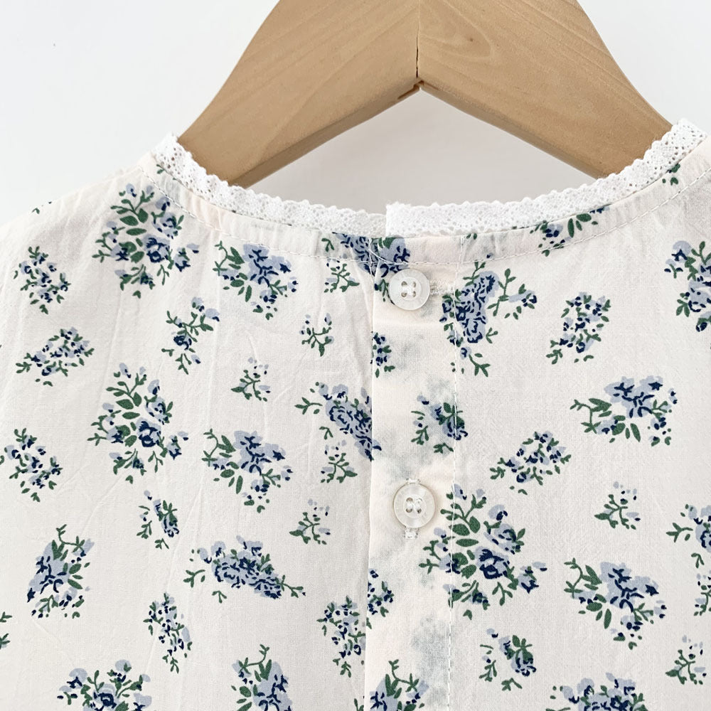 Blue Floral Lantern Sleeve Blouse フラワー 半袖チュニックブラウス【mh0012263】 Virgil kids