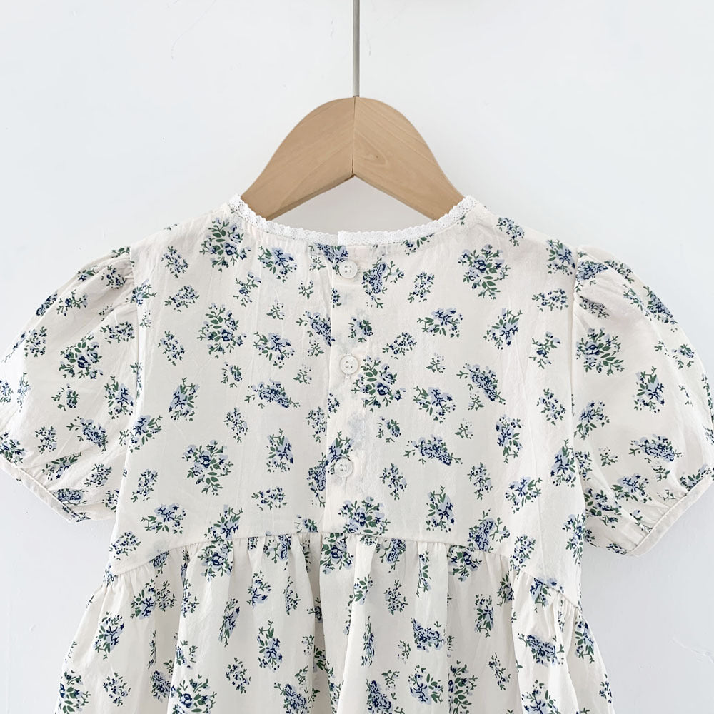 Blue Floral Lantern Sleeve Blouse フラワー 半袖チュニックブラウス【mh0012263】 Virgil kids