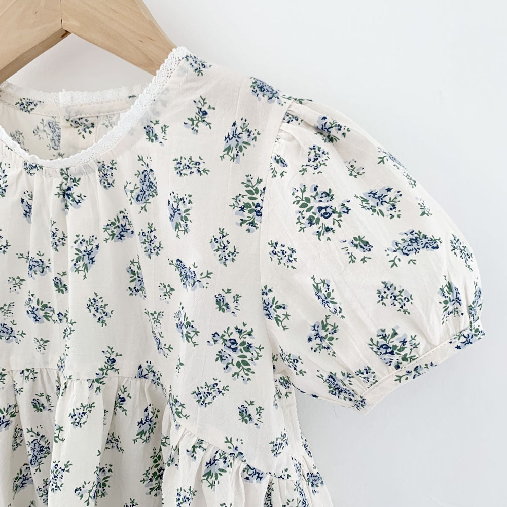 Blue Floral Lantern Sleeve Blouse フラワー 半袖チュニックブラウス【mh0012263】 Virgil kids