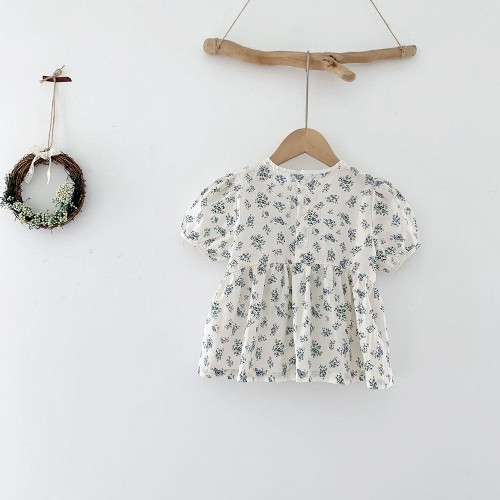 Blue Floral Lantern Sleeve Blouse フラワー 半袖チュニックブラウス【mh0012263】 Virgil kids