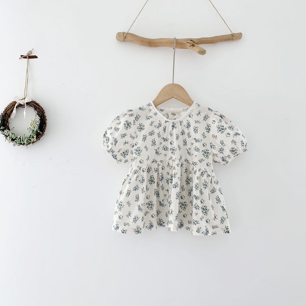 Blue Floral Lantern Sleeve Blouse フラワー 半袖チュニックブラウス【mh0012263】 Virgil kids