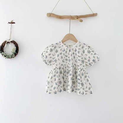 Blue Floral Lantern Sleeve Blouse フラワー 半袖チュニックブラウス【mh0012263】 Virgil kids