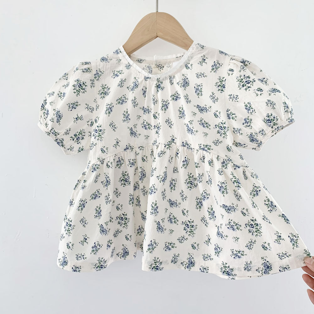 Blue Floral Lantern Sleeve Blouse フラワー 半袖チュニックブラウス【mh0012263】 Virgil kids