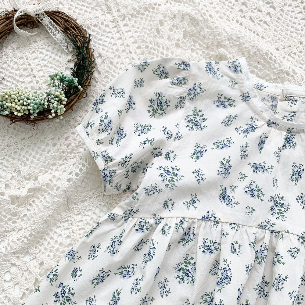 Blue Floral Lantern Sleeve Blouse フラワー 半袖チュニックブラウス【mh0012263】 Virgil kids