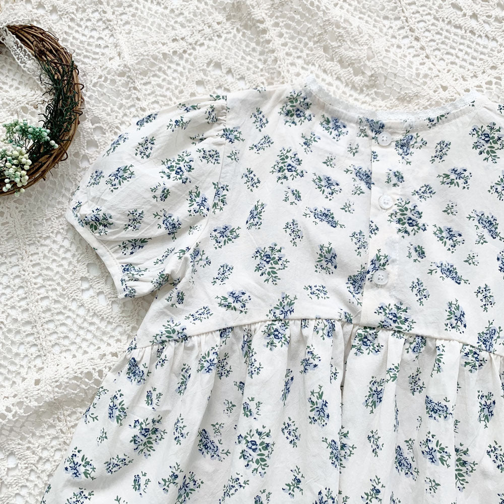Blue Floral Lantern Sleeve Blouse フラワー 半袖チュニックブラウス【mh0012263】 Virgil kids