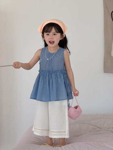 Blue Gingham Sleeveless Peplum Top チェック柄 チュニック【mh0012746】 MaiTianJi タンクトップ・キャミソール・ノースリーブトップス