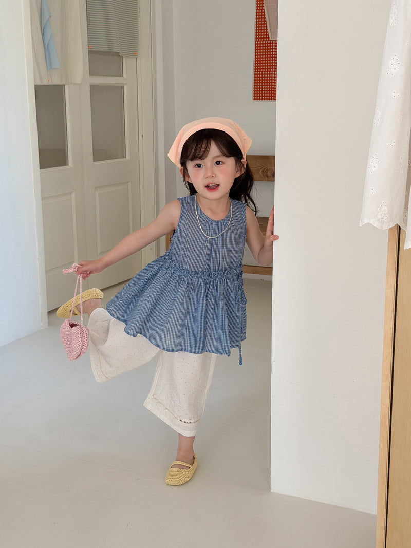 Blue Gingham Sleeveless Peplum Top チェック柄 チュニック【mh0012746】 MaiTianJi タンクトップ・キャミソール・ノースリーブトップス