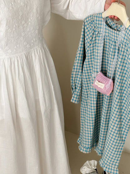 Blue Plaid Frill Hem Dress ブルー チェック 裾フリル ワンピース【mh0012290】 Laibaobao
