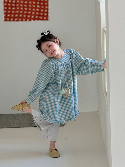 Blue Plaid Frill Hem Dress ブルー チェック 裾フリル ワンピース【mh0012290】 Laibaobao