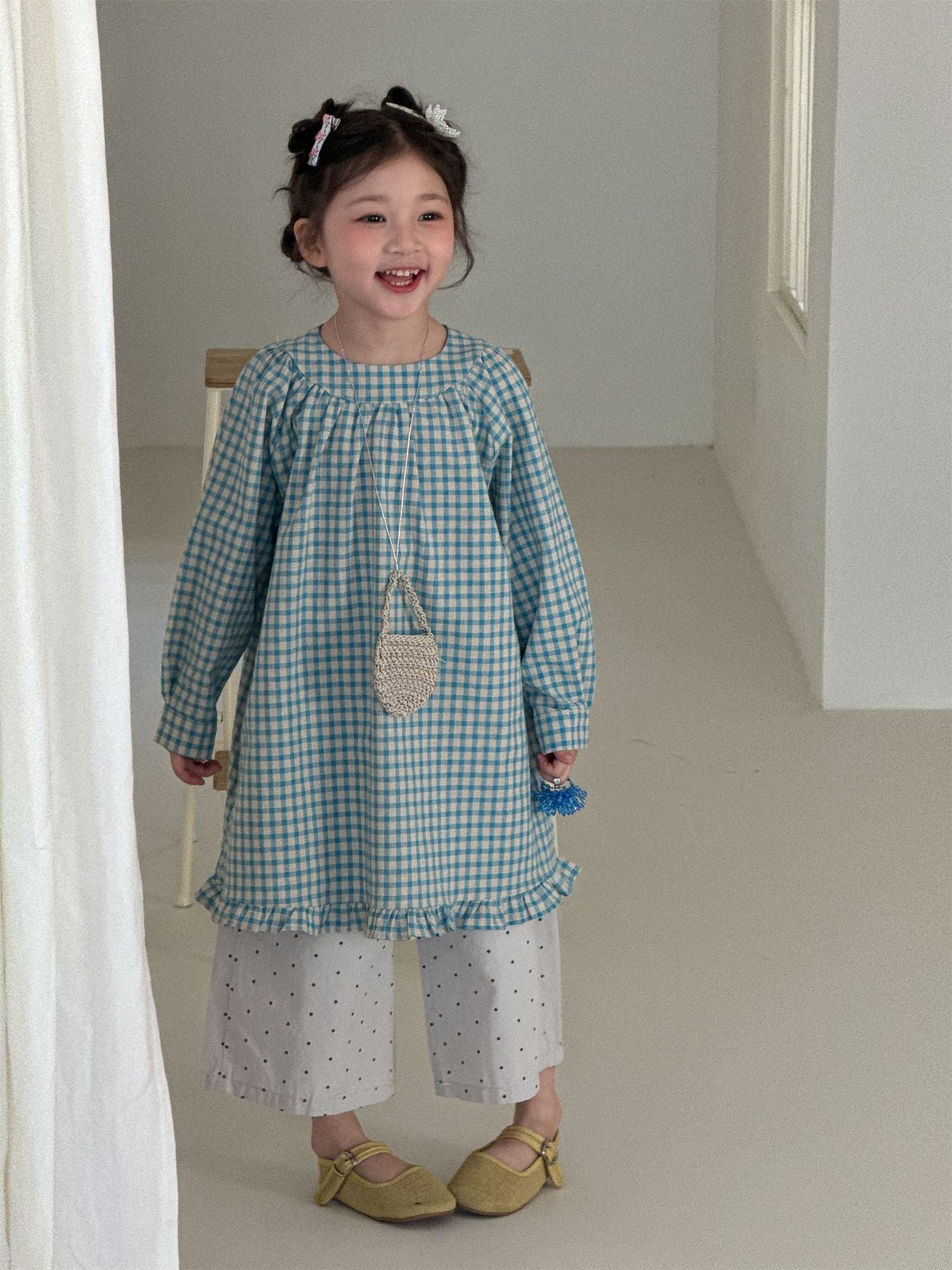Blue Plaid Frill Hem Dress ブルー チェック 裾フリル ワンピース【mh0012290】 Laibaobao