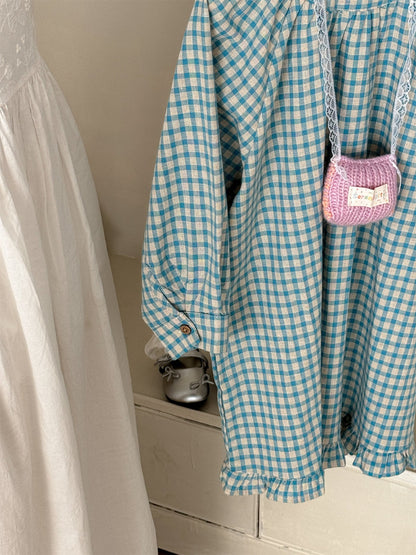 Blue Plaid Frill Hem Dress ブルー チェック 裾フリル ワンピース【mh0012290】 Laibaobao