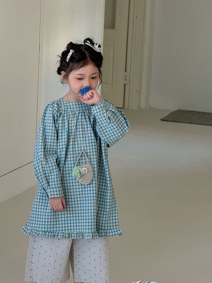 Blue Plaid Frill Hem Dress ブルー チェック 裾フリル ワンピース【mh0012290】 Laibaobao