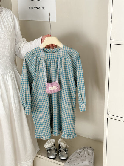 Blue Plaid Frill Hem Dress ブルー チェック 裾フリル ワンピース【mh0012290】 Laibaobao