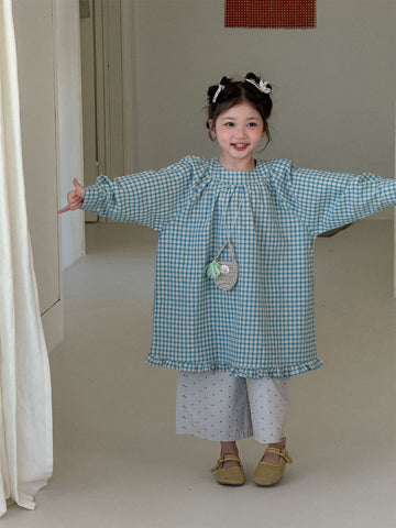 Blue Plaid Frill Hem Dress ブルー チェック 裾フリル ワンピース【mh0012290】 Laibaobao