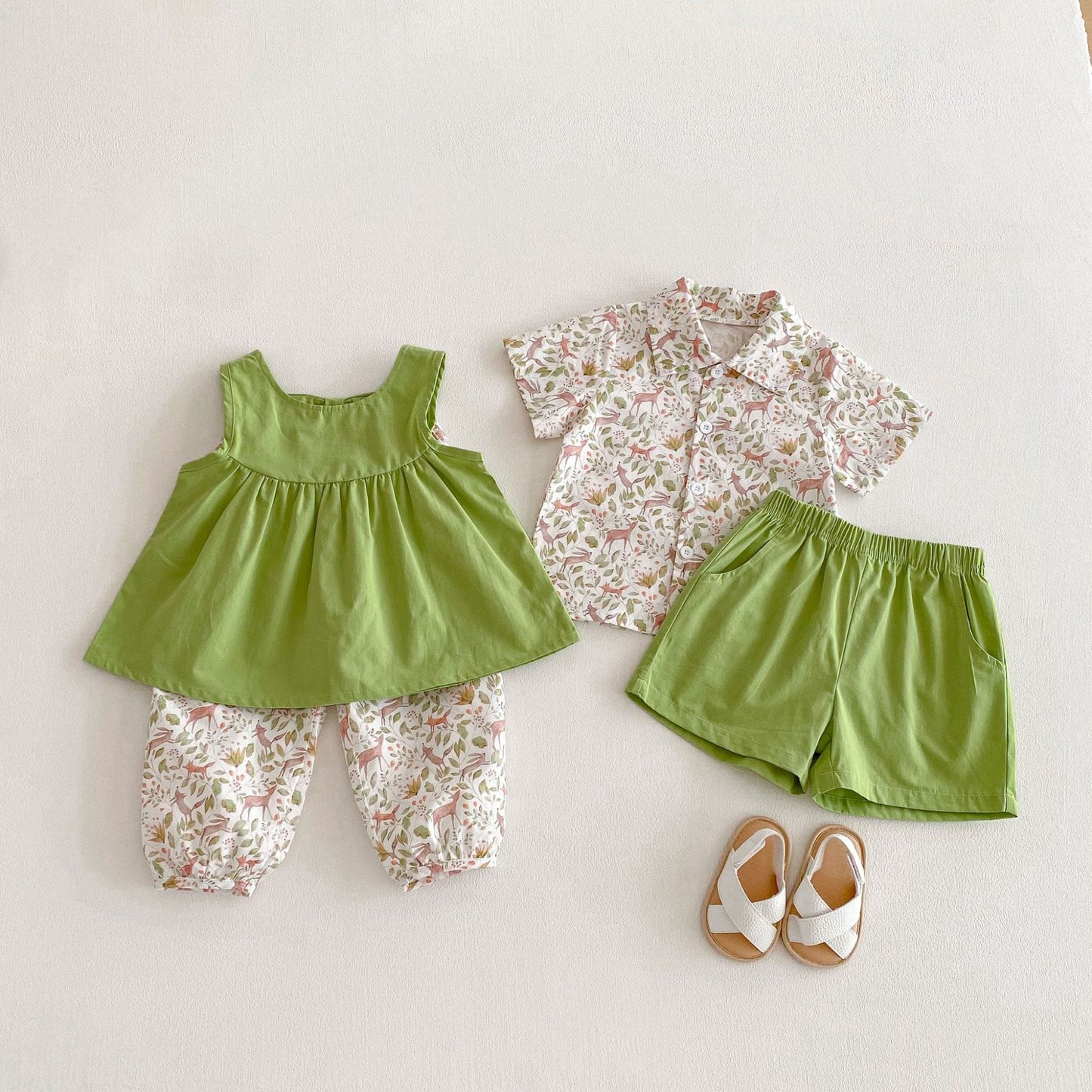 Botanical Print Shirt Shorts Set ボタニカルプリント セットアップ【mh0012722】 angou ノースリーブセットアップ