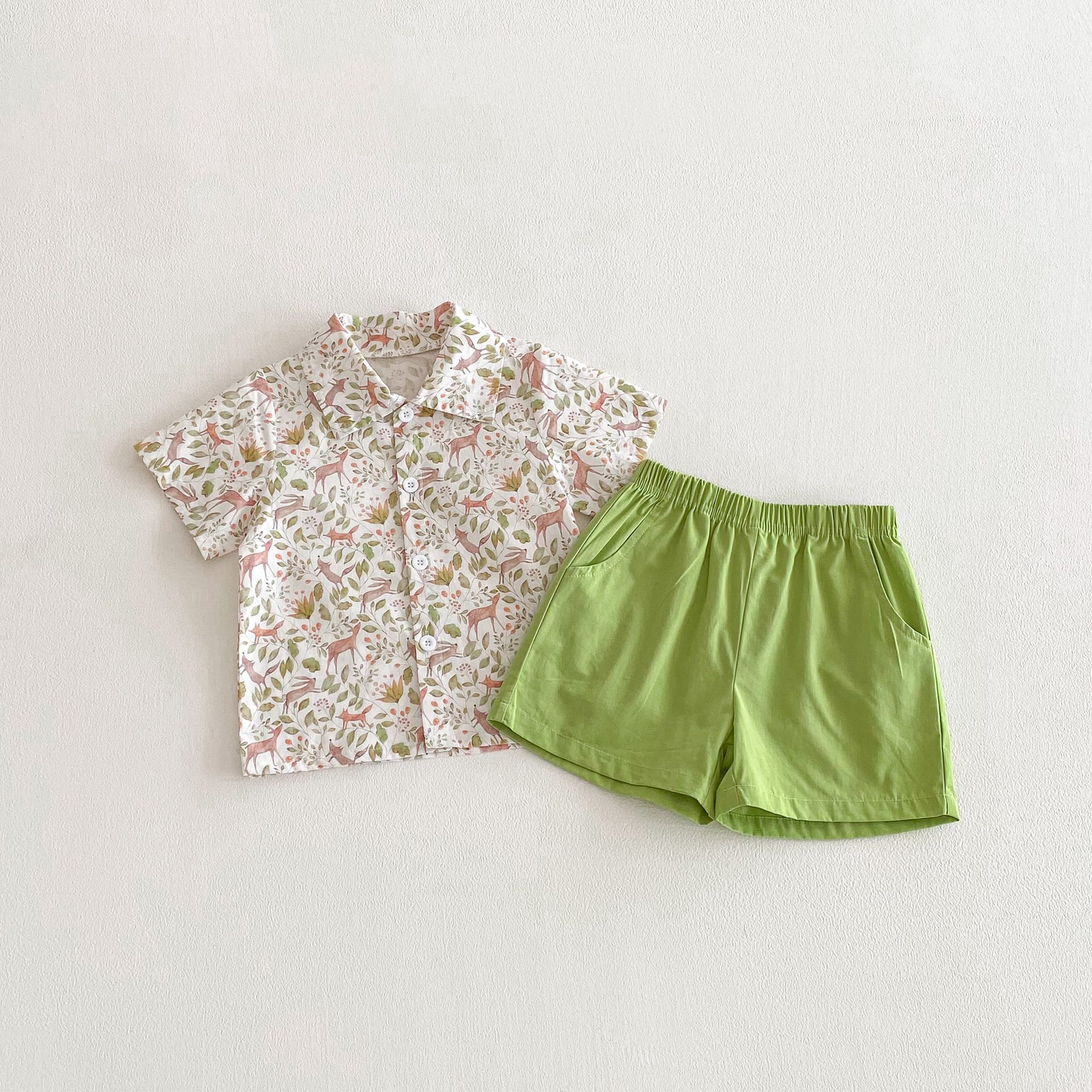 Botanical Print Shirt Shorts Set ボタニカルプリント セットアップ【mh0012722】 Green Boy Suit / 80cm angou ノースリーブセットアップ