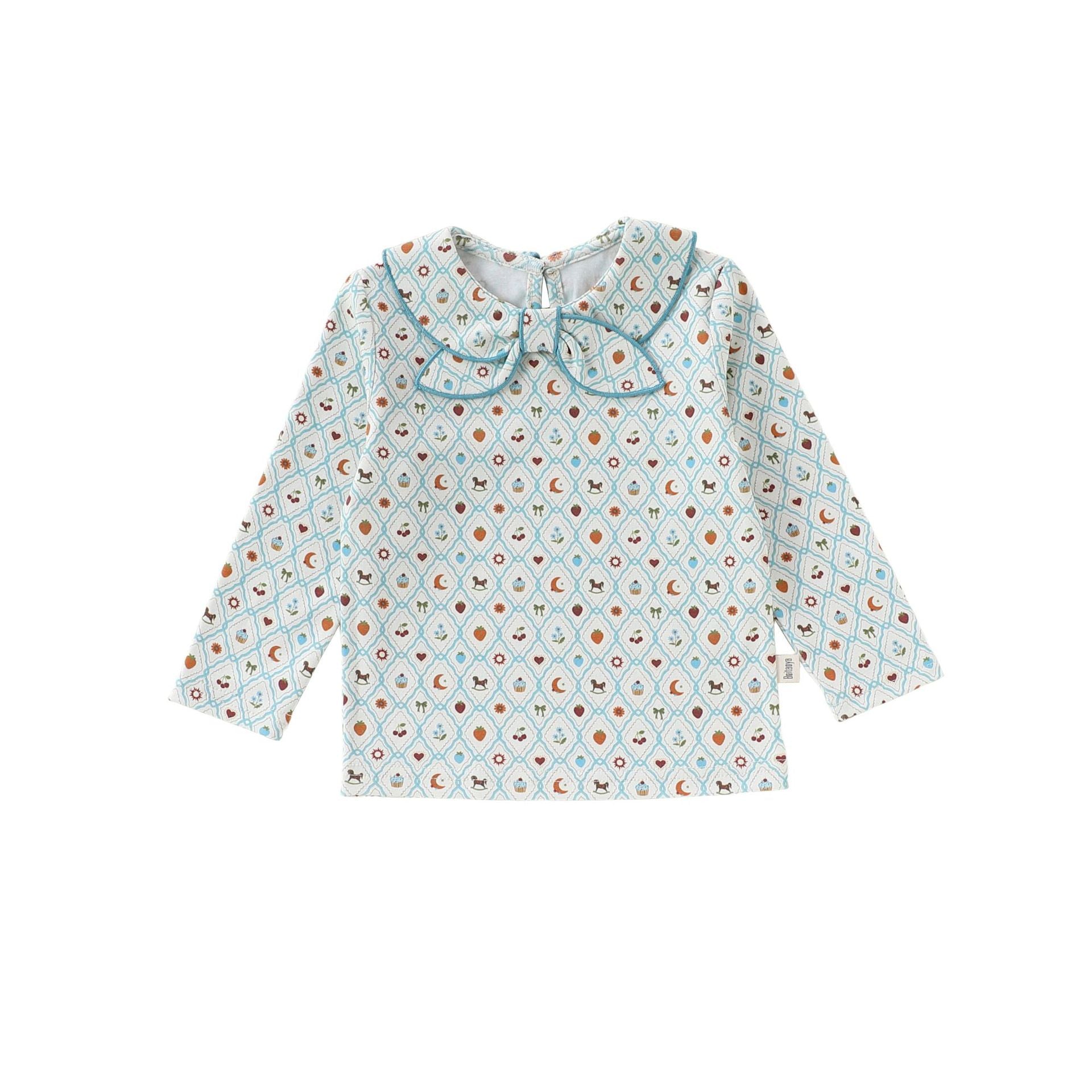 Bow Collar Printed T-Shirt リボン襟 長袖Tシャツ【mh0012345】 73CM / Green diamond fruit fun top mamahalo shop