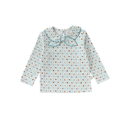 Bow Collar Printed T-Shirt リボン襟 長袖Tシャツ【mh0012345】 73CM / Green diamond fruit fun top mamahalo shop