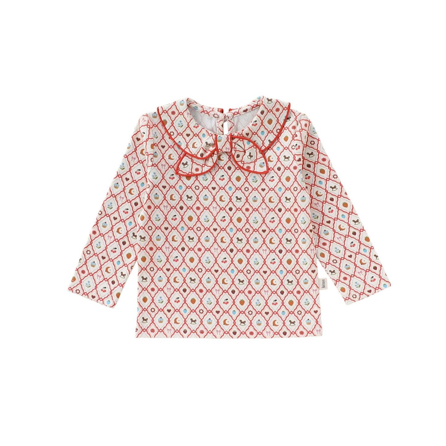Bow Collar Printed T-Shirt リボン襟 長袖Tシャツ【mh0012345】 73CM / Red diamond fruit fun top mamahalo shop