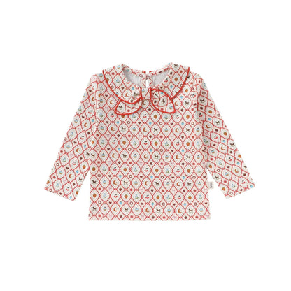 Bow Collar Printed T-Shirt リボン襟 長袖Tシャツ【mh0012345】 73CM / Red diamond fruit fun top mamahalo shop
