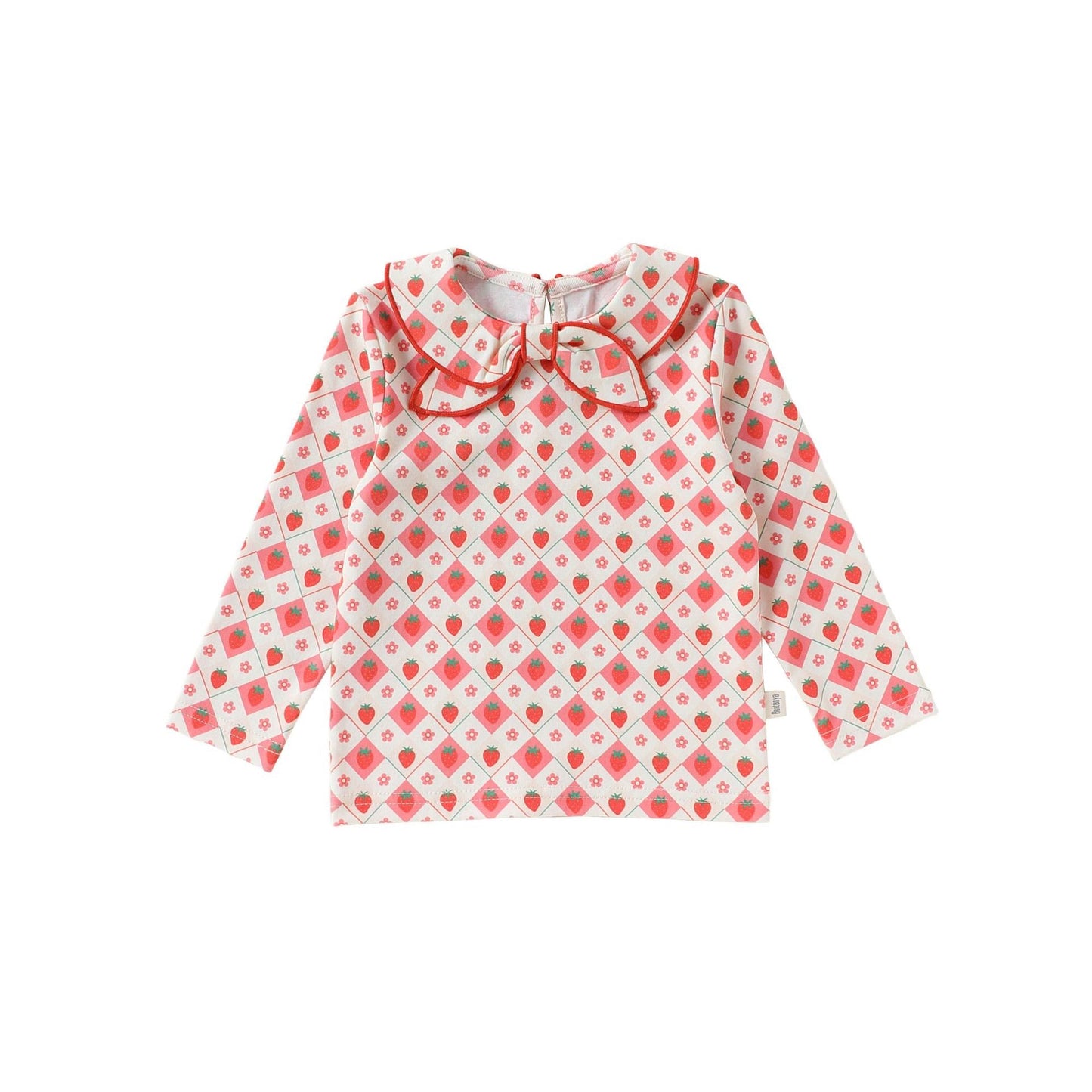 Bow Collar Printed T-Shirt リボン襟 長袖Tシャツ【mh0012345】 73CM / Strawberry plaid top mamahalo shop