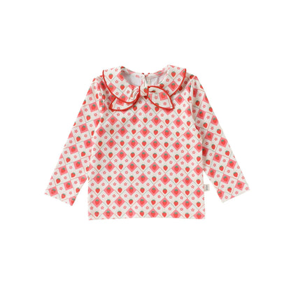 Bow Collar Printed T-Shirt リボン襟 長袖Tシャツ【mh0012345】 73CM / Strawberry plaid top mamahalo shop