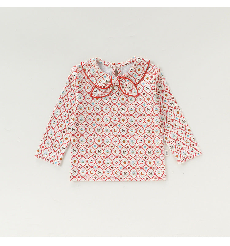 Bow Collar Printed T-Shirt リボン襟 長袖Tシャツ【mh0012345】 Beitaoya