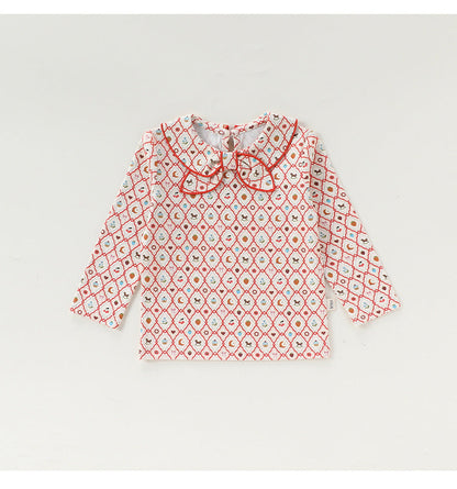 Bow Collar Printed T-Shirt リボン襟 長袖Tシャツ【mh0012345】 Beitaoya