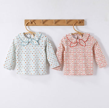 Bow Collar Printed T-Shirt リボン襟 長袖Tシャツ【mh0012345】 Beitaoya