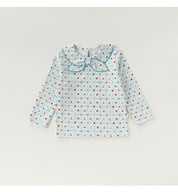 Bow Collar Printed T-Shirt リボン襟 長袖Tシャツ【mh0012345】 Beitaoya