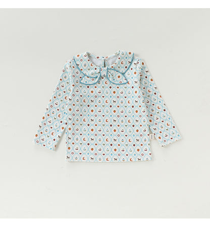 Bow Collar Printed T-Shirt リボン襟 長袖Tシャツ【mh0012345】 Beitaoya