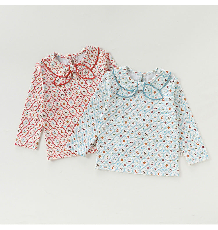 Bow Collar Printed T-Shirt リボン襟 長袖Tシャツ【mh0012345】 Beitaoya