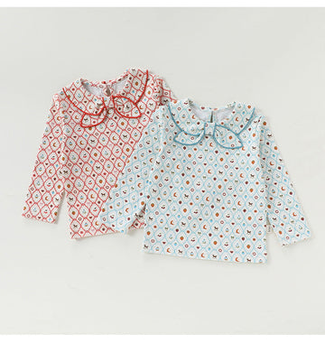 Bow Collar Printed T-Shirt リボン襟 長袖Tシャツ【mh0012345】 Beitaoya