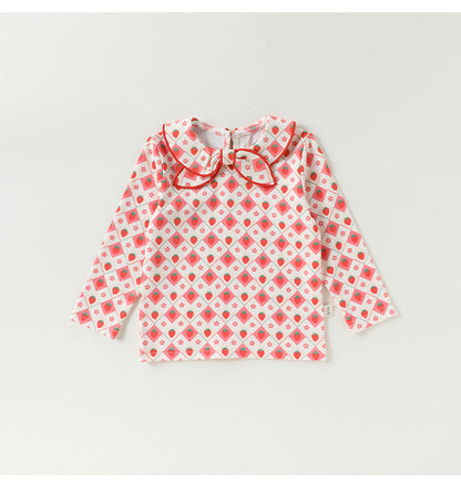Bow Collar Printed T-Shirt リボン襟 長袖Tシャツ【mh0012345】 Beitaoya