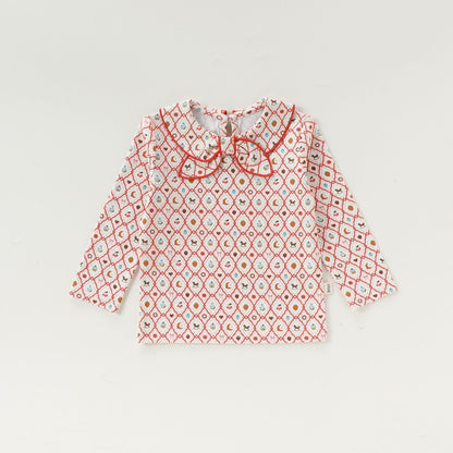 Bow Collar Printed T-Shirt リボン襟 長袖Tシャツ【mh0012345】 mamahalo shop