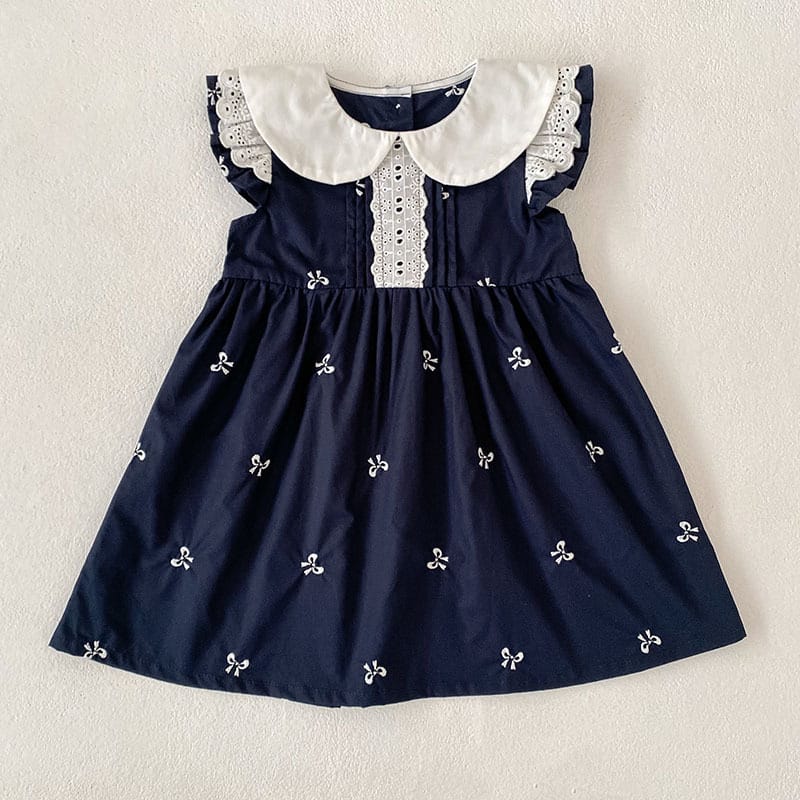 Bow Embroidery Ruffle Romper Dress ラッフル ロンパース ワンピース【mh0013161】 Navy Blue Dress / 90cm Aeg babyi 半袖ロンパース